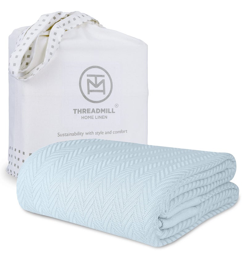 Threadmill Luxury Cotton Blankets for King Size Bed | All-Season Cozy 100% Cotton King Size Blanket | Herringbone Soft Fall Thermal Blanket fits Cal King Size Bed | Light Blue - Image 1